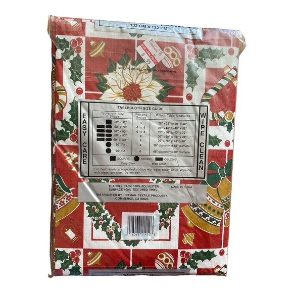 Vintage Christmas Vinyl Flannel Back Tablecloth 52 "x 52” Wreath Poinsettia Bell - Picture 2 of 2
